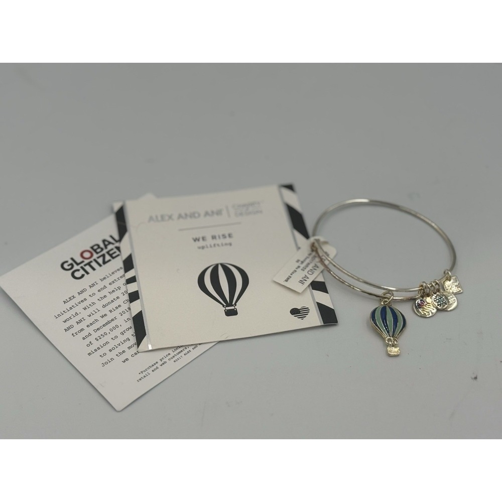 Alex and Ani We Rise Shiny Silver Charm Bangle Air Balloon Bracelet New w/ Paper